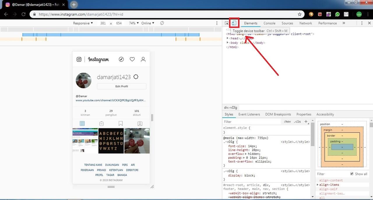 Cara upload gambar di instagram via google chrome Browser