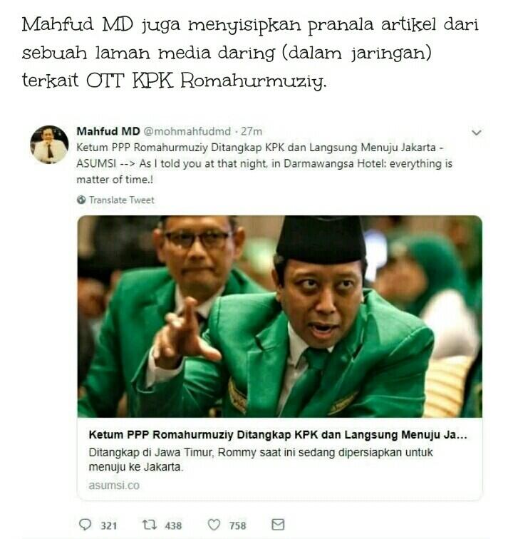 Mahfud MD Bela Khofifah yang Diseret Rommy Dalam Kasus Jual Beli Jabatan