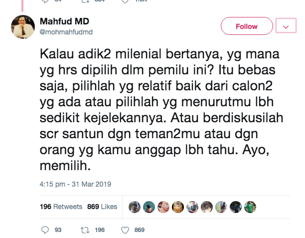 Mahfud MD Ajak Milenial Pilih Calon yang Sedikit Kejelekannya