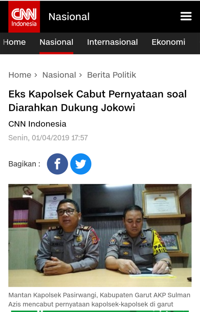 Eks Kapolsek Pasirwangi Tarik Ucapan Soal Polres Garut Dukung Jokowi

