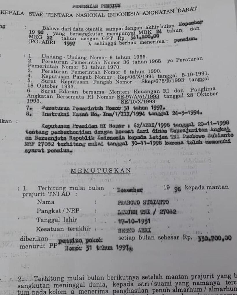 Prabowo Tak Pernah Ambil Uang Pensiun dari TNI Sejak 1998