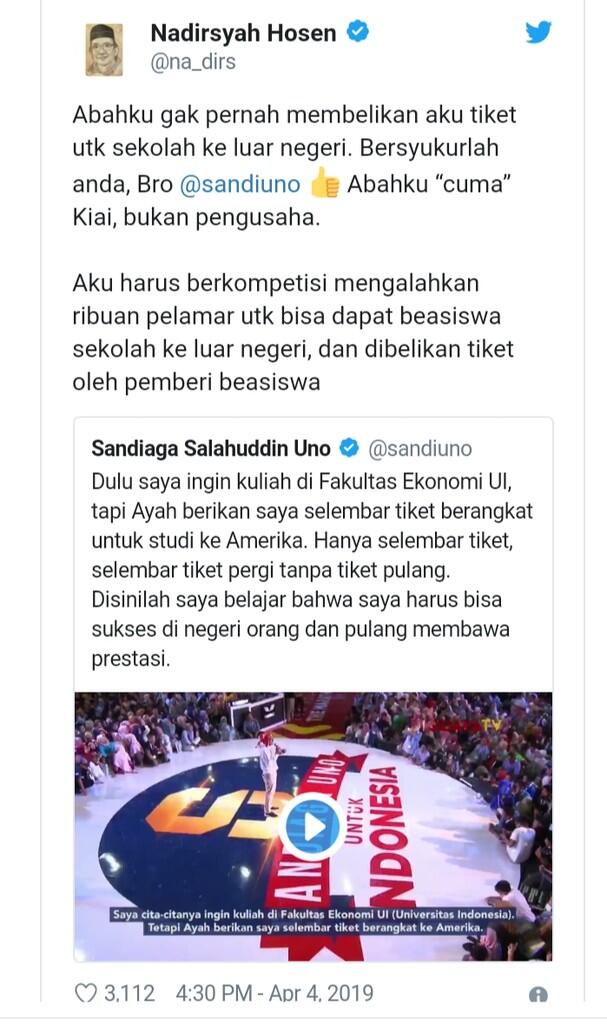 Tanggapi Tweet Sandiaga Kuliah di LN, Gus Nadir: Abah Tak Belikan Aku Tiket