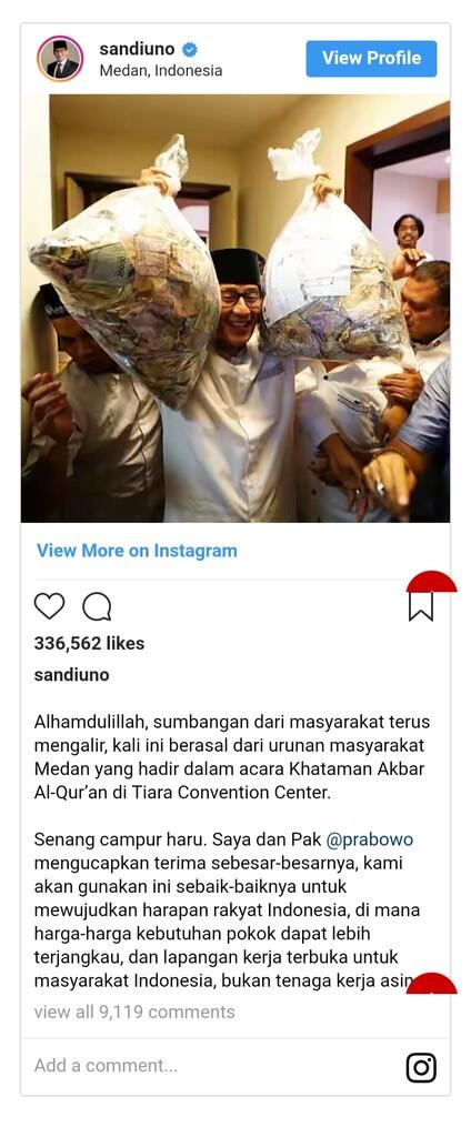 Sandiaga Uno Angkut Dua Karung Uang Usai Kampanye di Medan