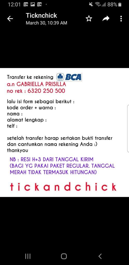 Penipuan TICKANDCHICK Rekening BCA 6320250500 a/n Gabriella Prissila