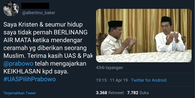 Non Muslim pun Ikut Tersentuh dengan Pesan dan Doa UAS untuk Prabowo