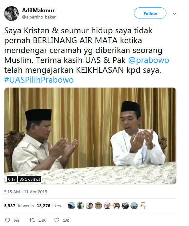 Non Muslim pun Ikut Tersentuh dengan Pesan dan Doa UAS untuk Prabowo