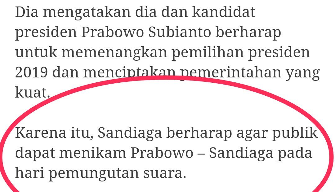 Sandiaga berharap publik dapat menikam Prabowo – Sandiaga pada hari pemungutan suara.