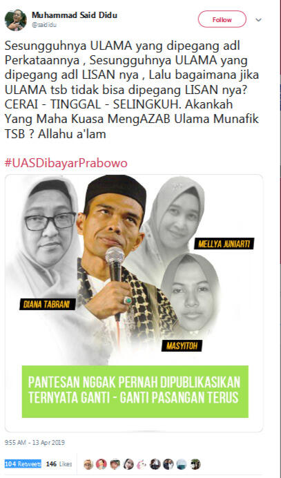 Akun Twitter Said Didu Diretas, Sudutkan Ustaz Abdul Somad