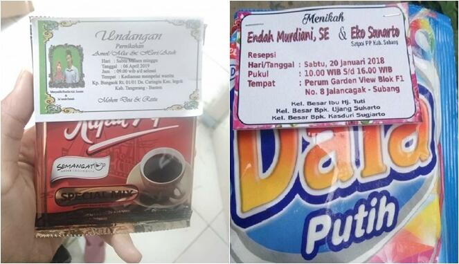 Unik! Undangan Pernikahan Ini Hanya Ditempel di Bungkus Kopi Sachet dan Sabun Cuci