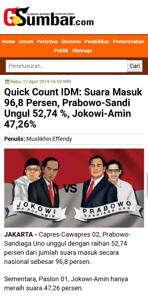 Real Count KPU 0,008 Persen: Prabowo 58, Jokowi 41 Persen