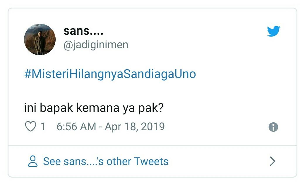 Netizen Ramai Bahas #MisteriHilangnyaSandiagaUno di Twitter
