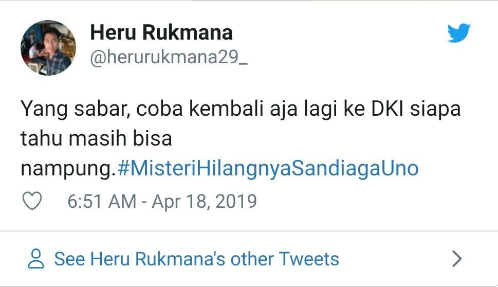 Netizen Ramai Bahas #MisteriHilangnyaSandiagaUno di Twitter