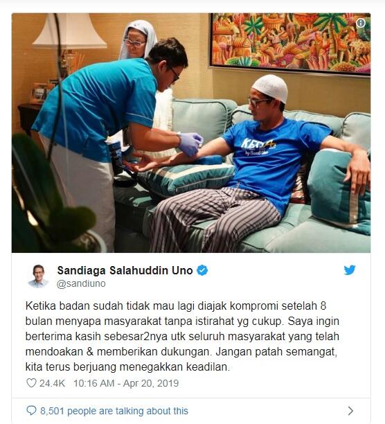 Sandiaga Kembali Periksa Kesehatan, Sampel Darah dan Urine Diambil