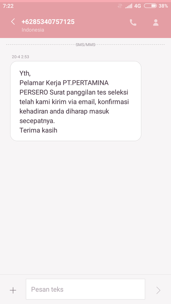 Surat Panggilan Tes Seleksi Rekrutmen Karyawan (i) PT Pertamina