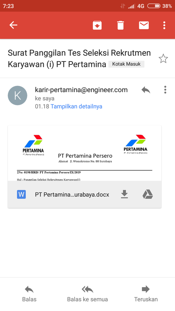 Surat Panggilan Tes Seleksi Rekrutmen Karyawan (i) PT Pertamina