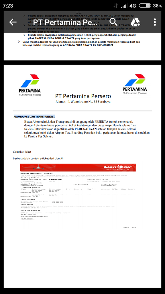 Surat Panggilan Tes Seleksi Rekrutmen Karyawan (i) PT Pertamina