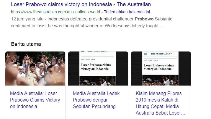 Prabowo disebut "loser" di berita online the australian