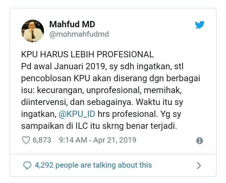 Mahfud MD Singgung Kinerja KPU di Pemilu 2019: Terkesan Kurang Profesional