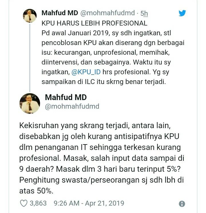 Mahfud MD Singgung Kinerja KPU di Pemilu 2019: Terkesan Kurang Profesional