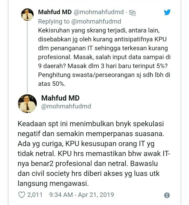 Mahfud MD Singgung Kinerja KPU di Pemilu 2019: Terkesan Kurang Profesional