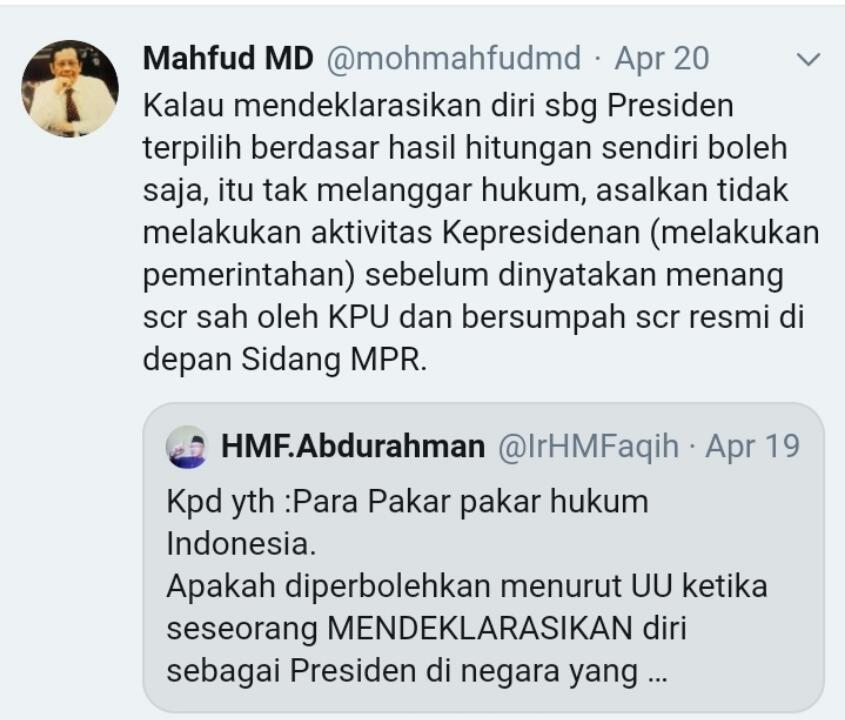 Deklarasi Sepihak Prabowo Dianggap Kudeta, Ini Jawab Mahfud MD