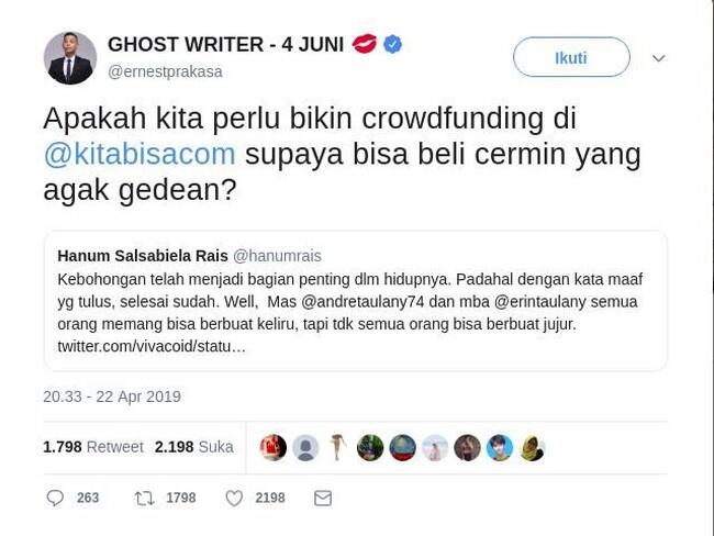 Hanum Rais Nasihati Andre Taulany, Ernest Sindir Bikin Penggalangan Dana