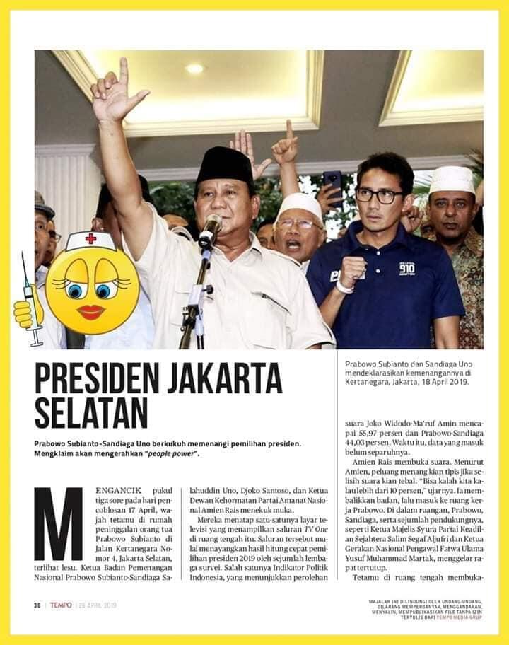 Hasil gambar untuk Majalah Tempo dengan judul Prabowo Presiden Jakarta Selatan