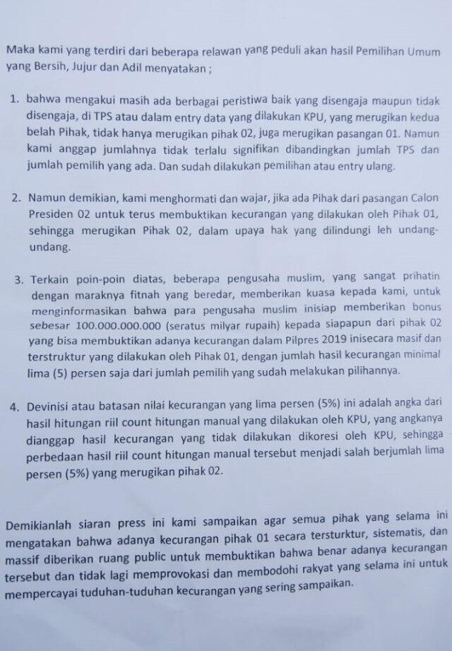 Relawan Jokowi Siapkan Rp 100 M bagi Penemu Bukti Prabowo Dicurangi