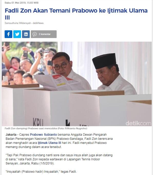 Panitia: Jokowi-Prabowo ‘Dosa’ Jika Datang Ke Ijtima Ulama III