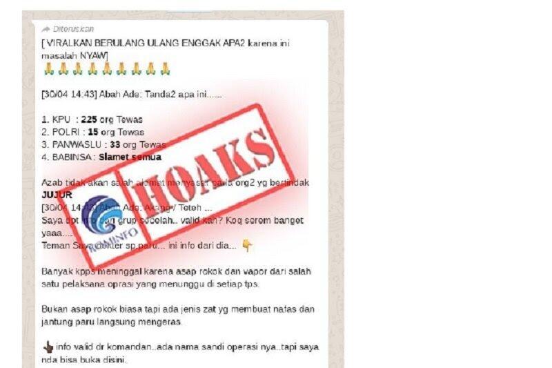 HOAKS - Beredar di medsos petugas KPPS meninggal karena asap rokok khusus