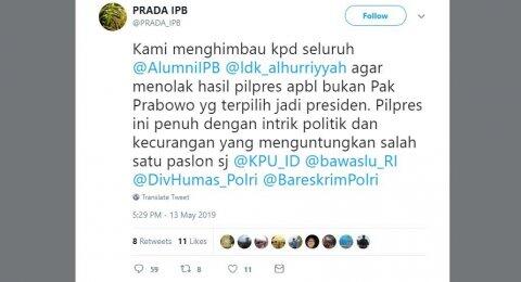 Jika Prabowo Kalah, Akun Prada IPB Ajak Alumni Tolak Hasil Pilpres