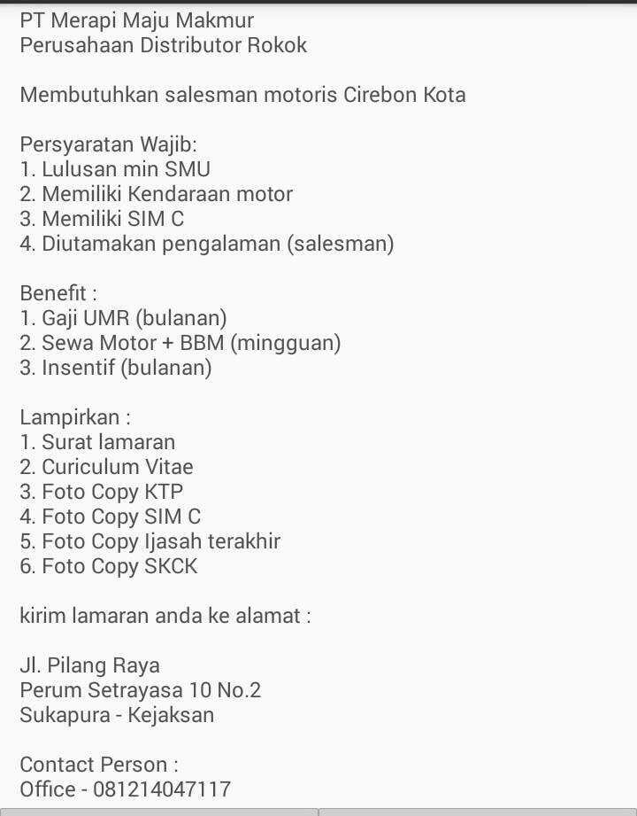 Loker Kota Cirebon, Jawa Barat (Salesman Motoris Rokok Neslite)