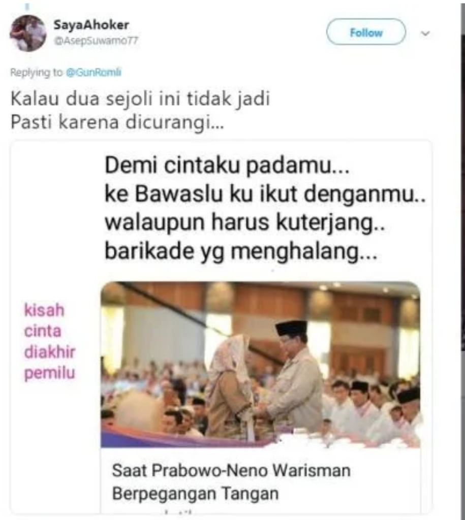 Pegangan Tangan, Foto Prabowo dan Neno Warisman Ini Jadi Meme Kocak