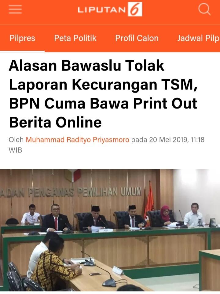 Alasan Bawaslu Tolak Laporan Kecurangan TSM, BPN Cuma Bawa Print Out Berita Online