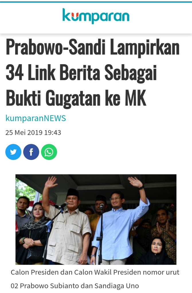 Prabowo-Sandi Lampirkan 34 Link Berita Sebagai Bukti Gugatan ke MK