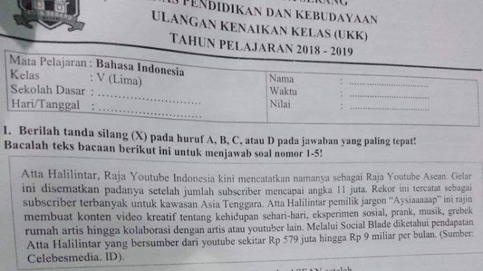 Aneh !! Nama Atta Masuk Dalam Soal Ujian Kenaikan Kelas 5 Di Serang Banten ??