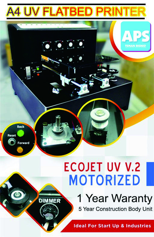 Printer UV FLATBED A4 BASIC IMPORT Cetak Media Datar KACA ACRYLIC KAYU CASING HP