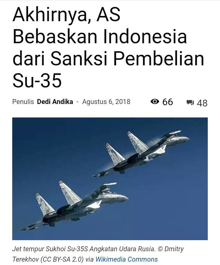 Ancaman Sanksi AS Membuat Indonesia Batal Beli Jet Su-35 Rusia?