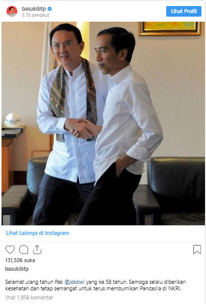 Ucapkan Ulang Tahun untuk Jokowi, Ahok: Semangat Terus Membumikan Pancasila di NKRI