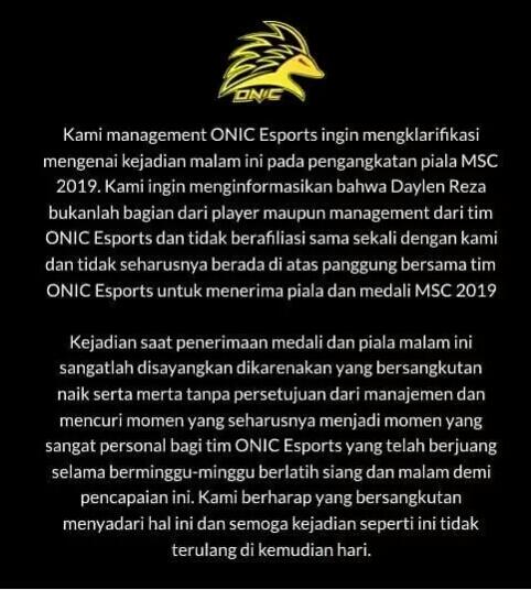 Lah, Daylen Naik Panggung Sebagai Juara Bareng Onic Esports? Ini Klarifikasinya!