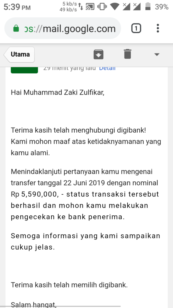 Transfer menggantung dari bank DBS dana belum diterima di rekening tujuan