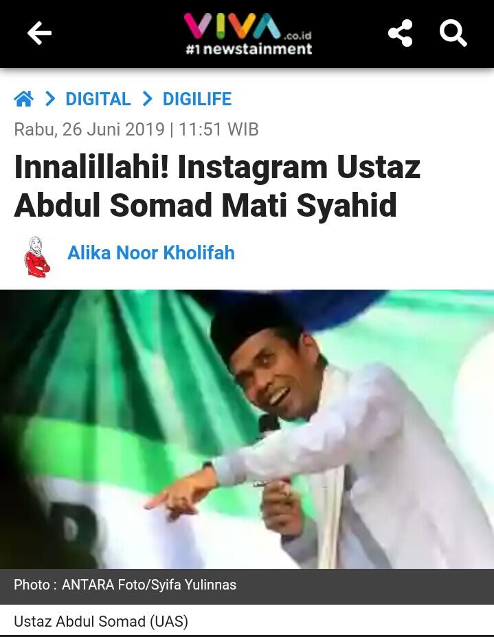 Innalillahi! Instagram Ustaz Abdul Somad Mati Syahid