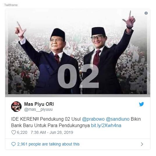 Kecewa Ditolak MK, Pendukung Minta Prabowo - Sandiaga Dirikan Bank Sendiri