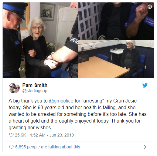 nenek 93 tahun ini di tahan polisi setempat karena “bersikap baik” selama hidupnya