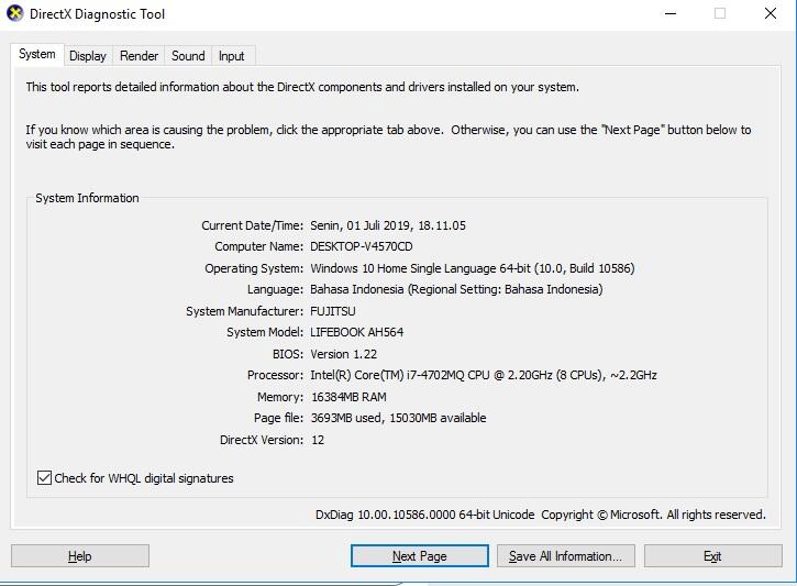 VGA terdeteksi sebagai Render di 'dxdiag'