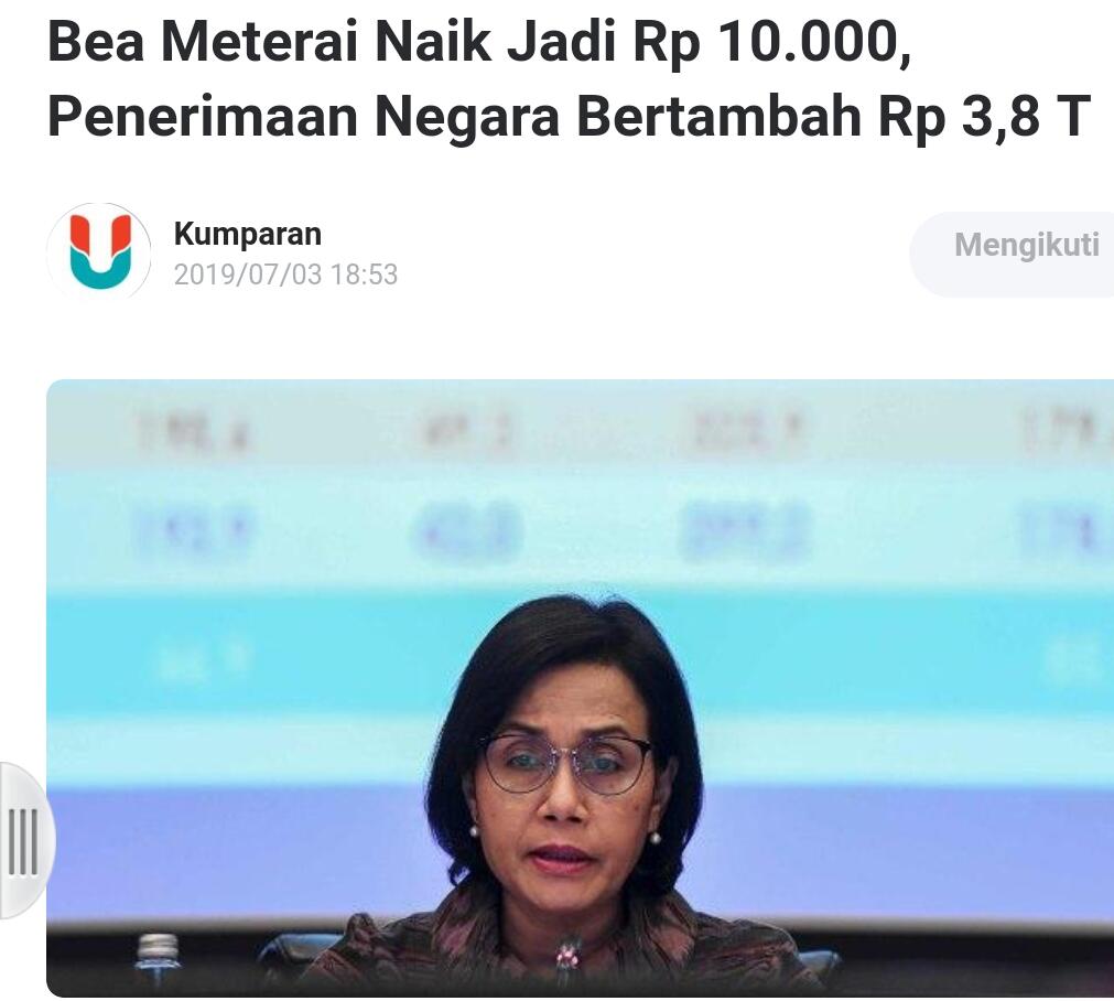 Bea Meterai Naik Jadi Rp 10.000, Penerimaan Negara Bertambah Rp 3,8 T