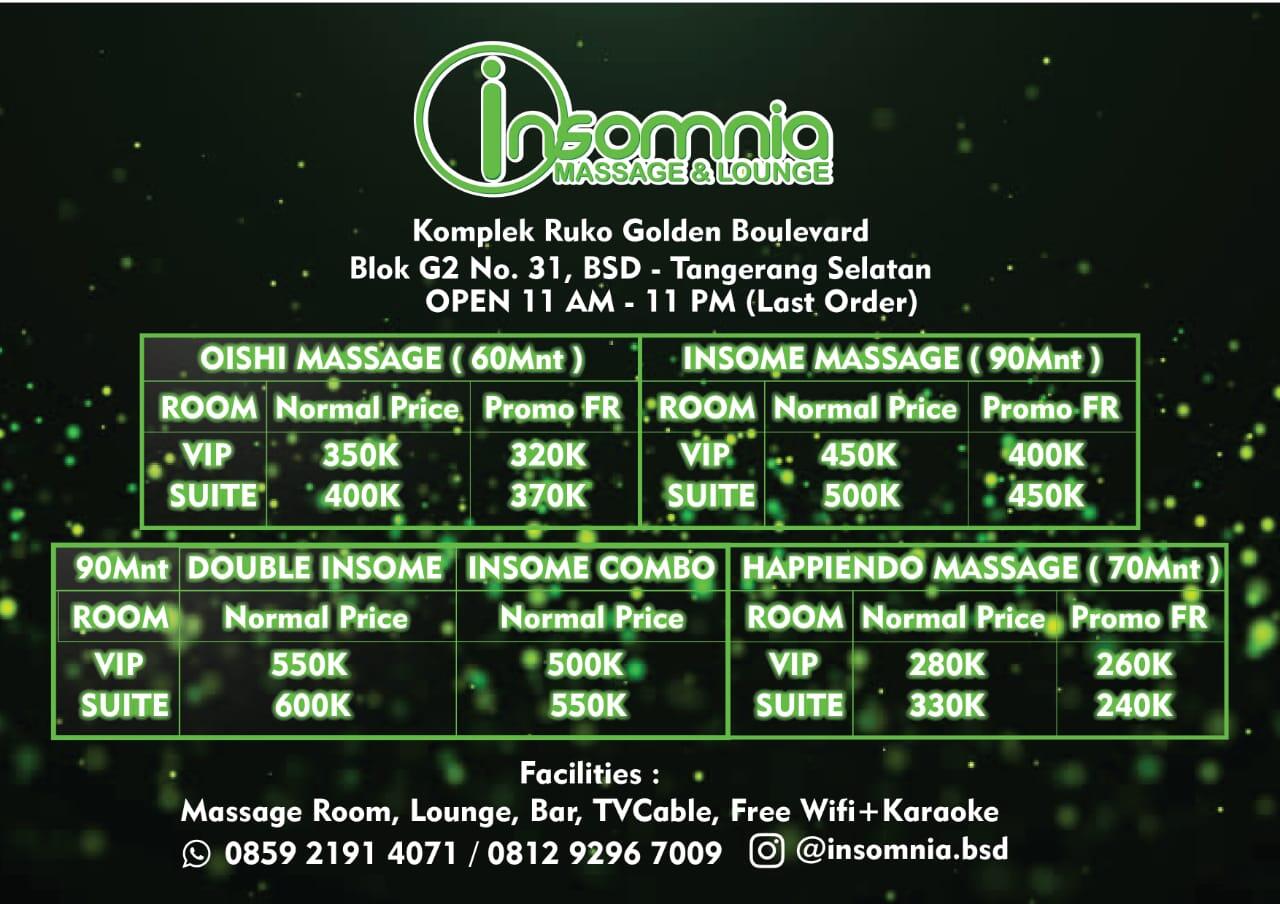 New Insomnia Massage & Lounge BSD-Tangsel (Ruko Golden Boulevard. blok G2 No. 31-32)