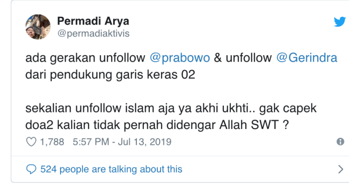 Prabowo Ditinggalkan Pendukung, Abu Janda: Sekalian Unfollow Islam Saja
