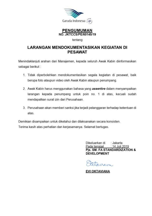 Penumpang Garuda Indonesia Dilarang Foto di Dalam Pesawat