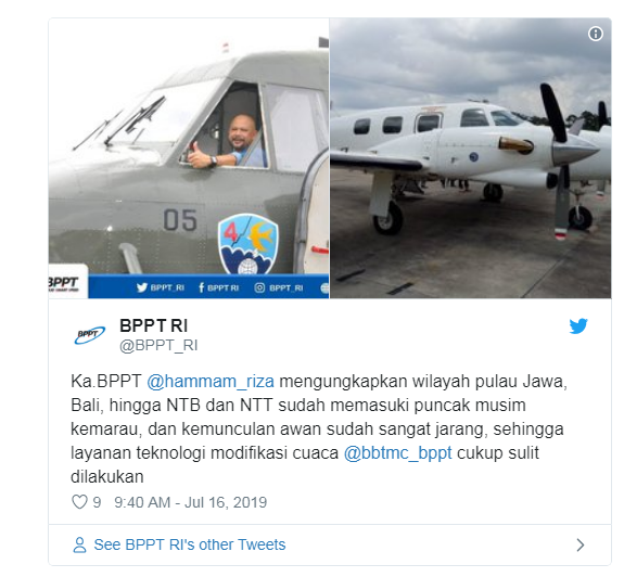 Musim Kemarau, BPPT Sebut Hujan Buatan Sulit Dilakukan